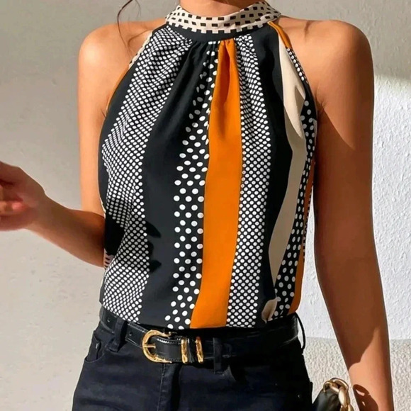 COPY - Polka Dot Print Key Hole Back Halter Neck Blouse - Picture 2 of 6